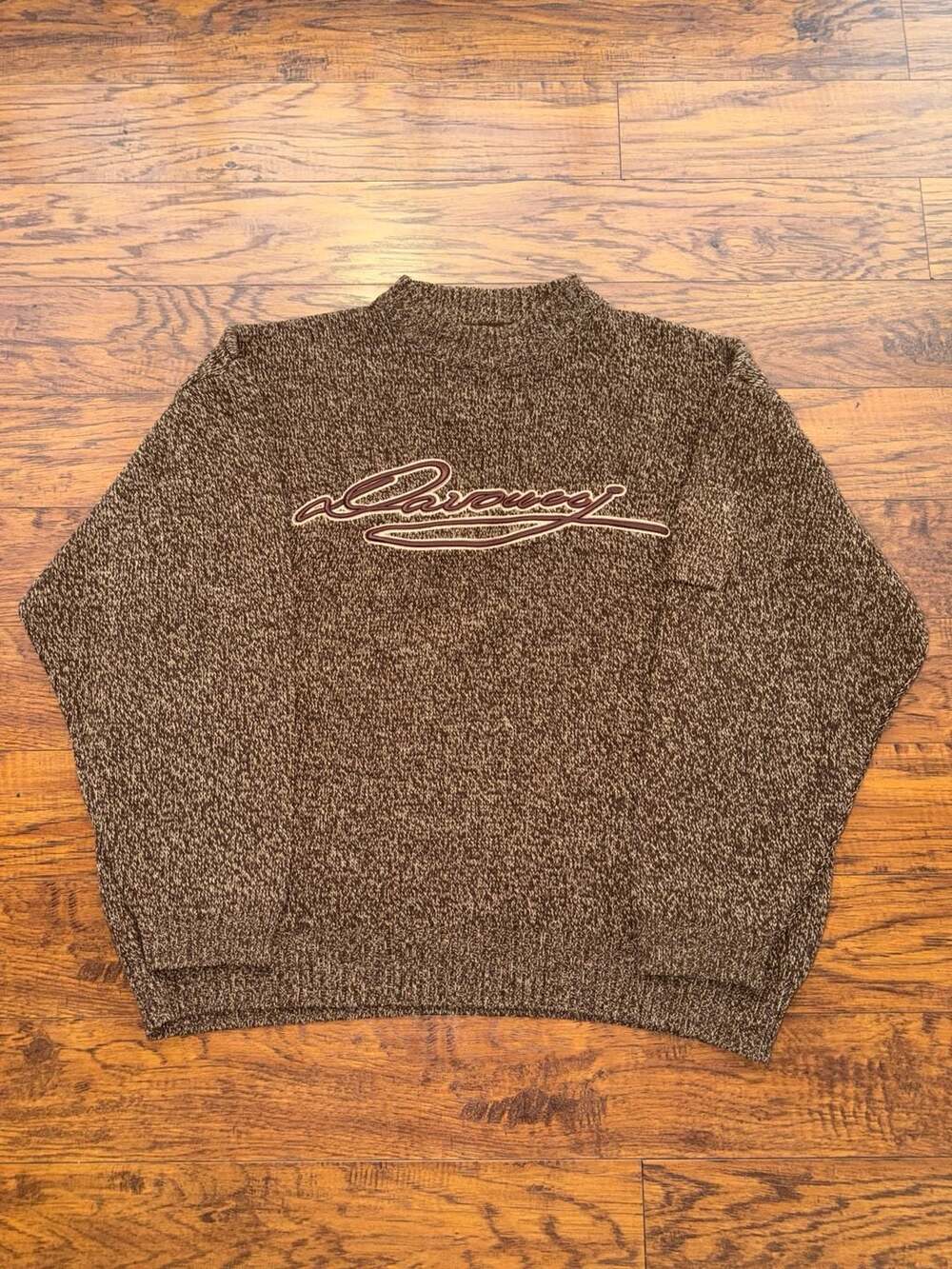 Vintage Davoucci Brown Heather Knit Mock Neck Sweater Embroidered Script Logo